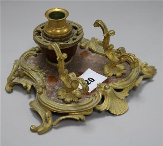 A 19th century French ormolu mounted hardwood cassolette inkstand W.20cm.